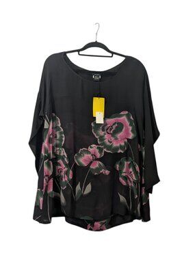 NWT Citron Santa Monica Silk Black Sheer Floral 3/4 Long Sleeve Top Size Large